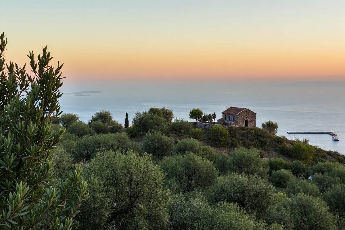 Olive grove hillside with a stone chapel and sea view