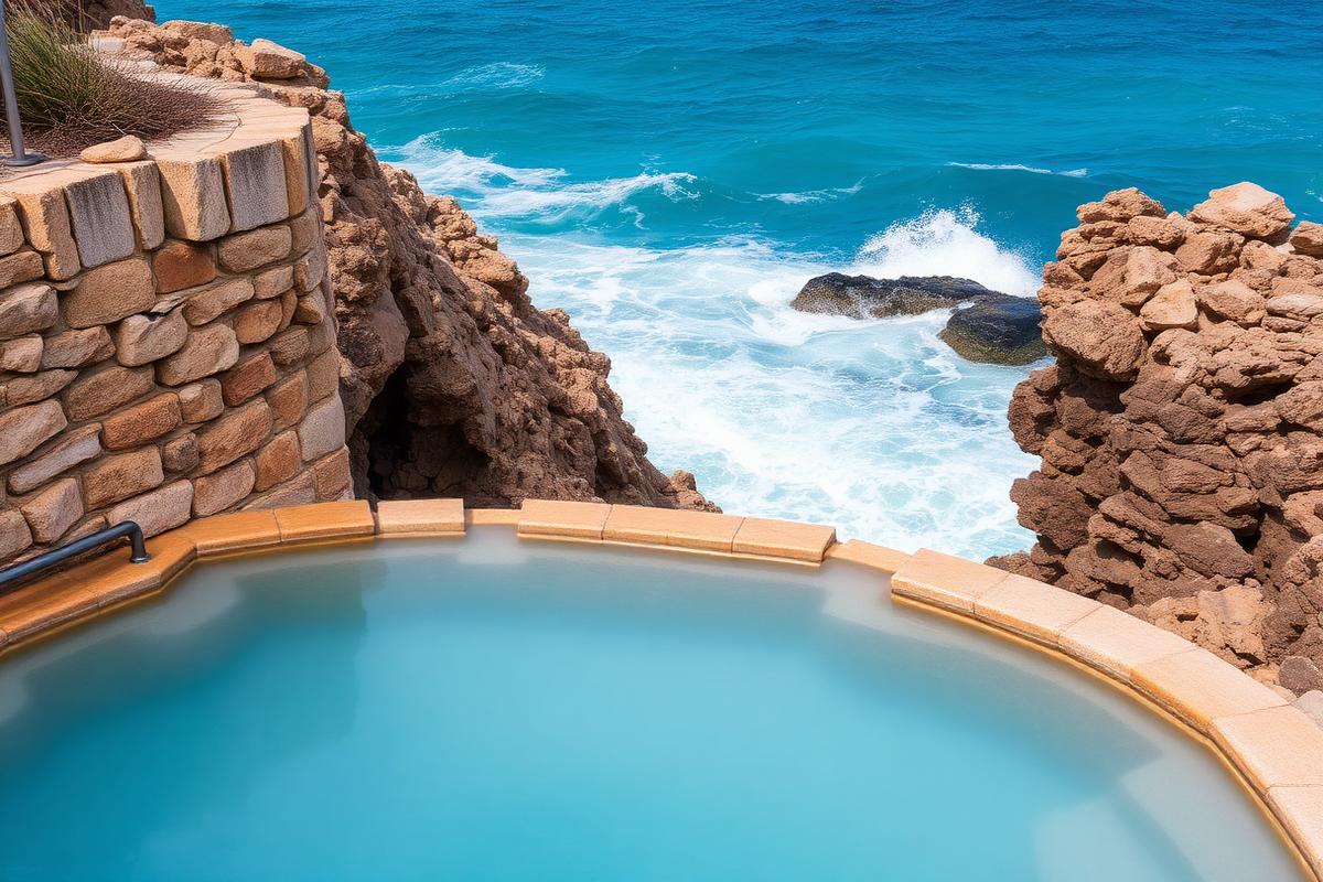 Thermal hot spring pool beside the rocky Aegean coast