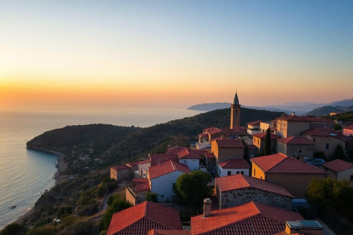 Hilltop village with terracotta rooftops at golden hour